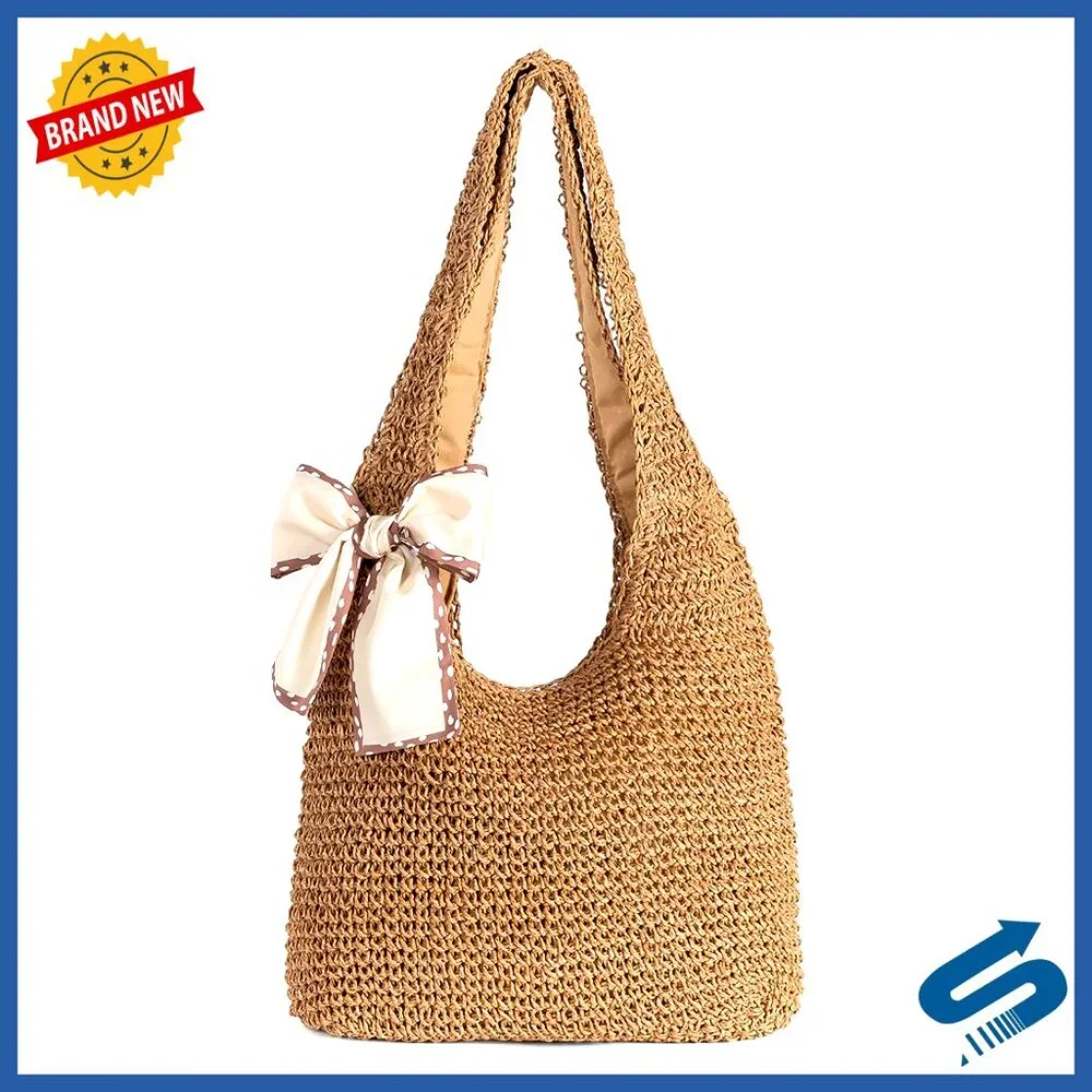 Large Handwoven Straw Tote Bag for Women, Summer Beach Purse with Zipper